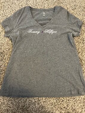 Tommy Hilfiger Gray V-Neck Script Logo Tee